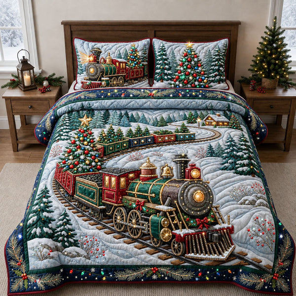 Jeweled Christmas Train quilted 3-piece bedding set on a made bed in a winter-styled bedroom