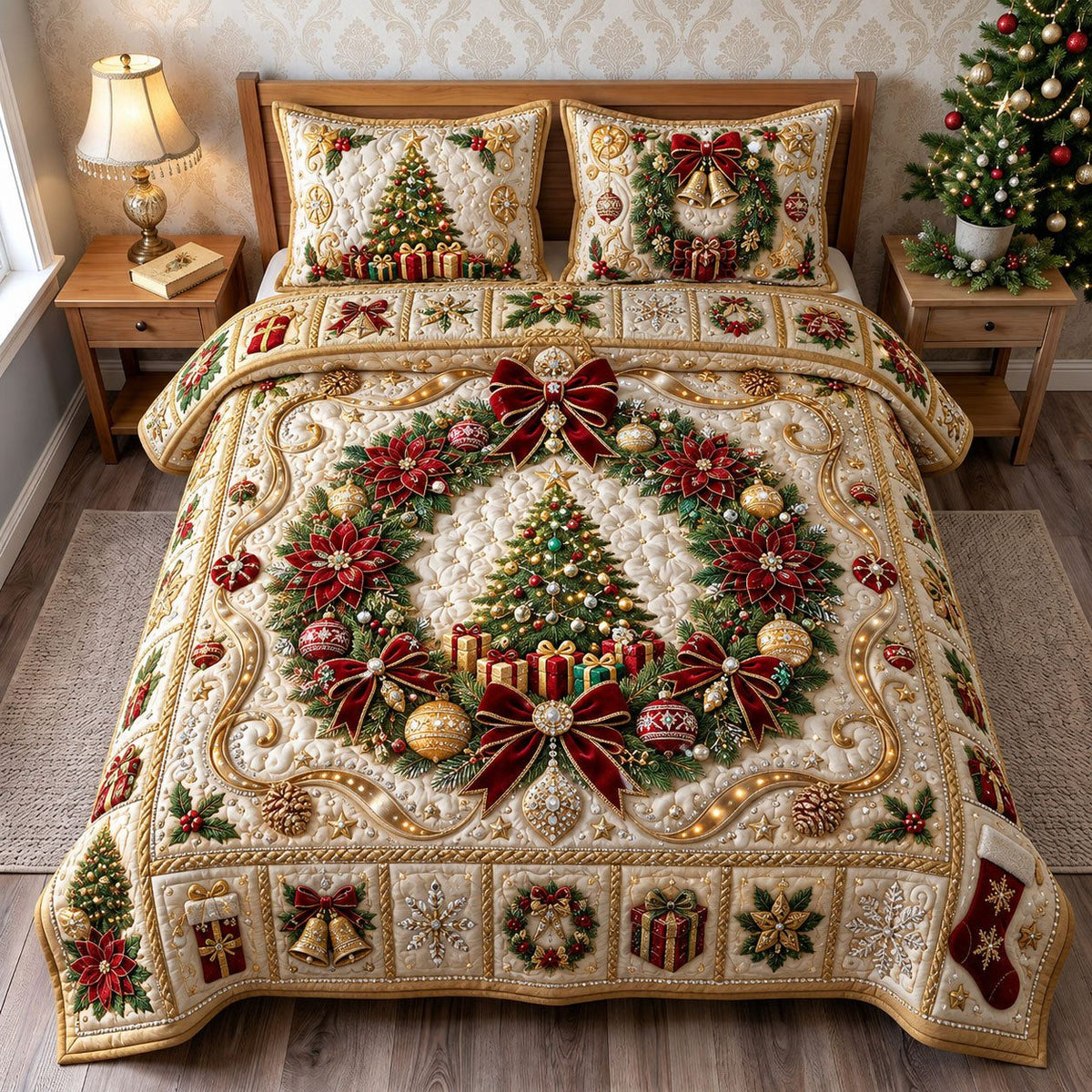 Jeweled Glam Wreath quilted 3-piece bedding set on a made bed in a winter-styled bedroom