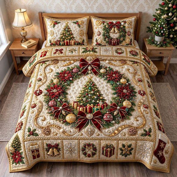 Jeweled Glam Wreath quilted 3-piece bedding set on a made bed in a winter-styled bedroom