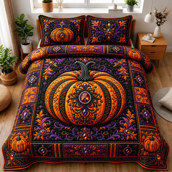 Jeweled Gothic Pumpkin quilted 3-piece bedding set on a made bed against a dark styled interior