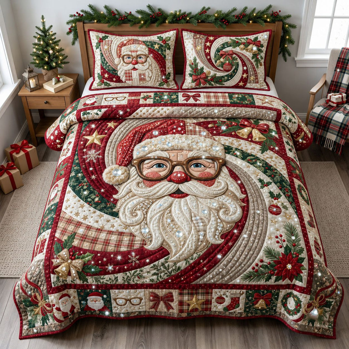 Jeweled Santa Christmas quilted 3-piece bedding set on a made bed in a winter-styled bedroom