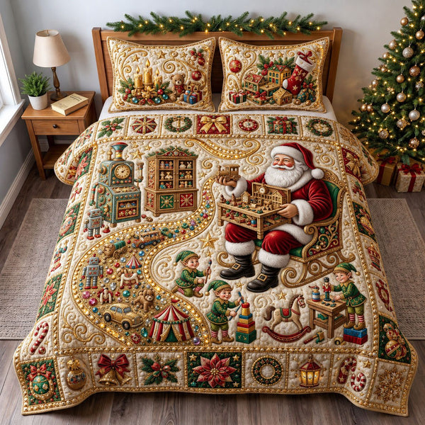 Jeweled Santa Toys quilted 3-piece bedding set on a made bed in a winter-styled bedroom