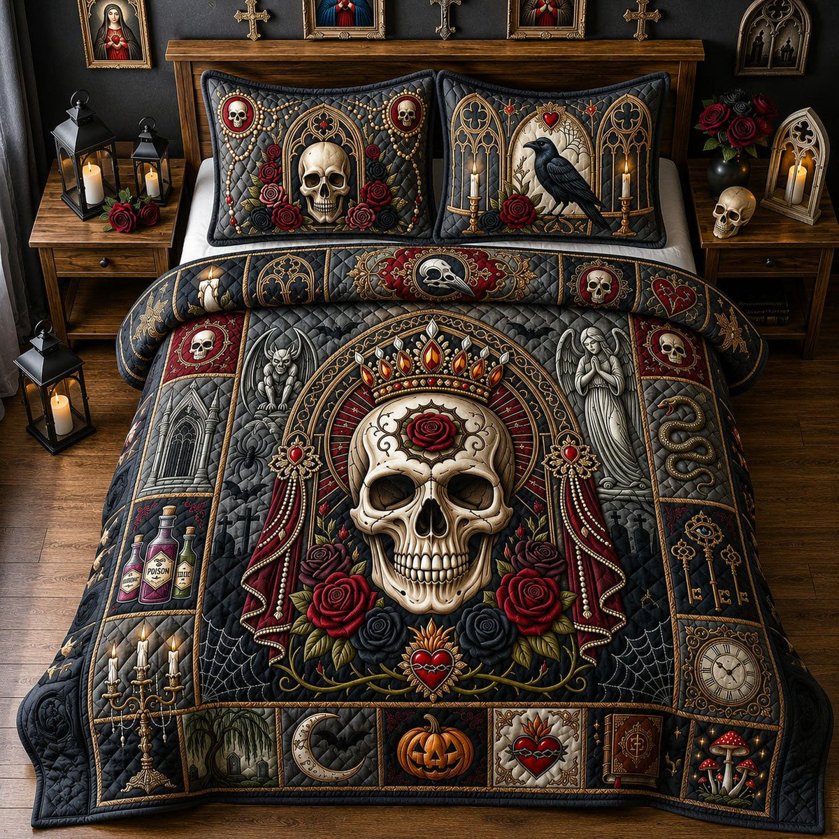 Jeweled Skull quilted 3-piece bedding set on a made bed against a dark styled interior
