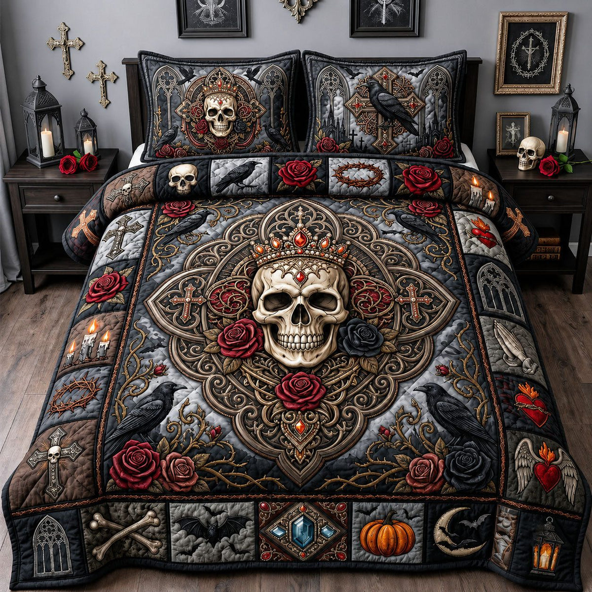 Jeweled Skull quilted 3-piece bedding set on a made bed against a dark styled interior