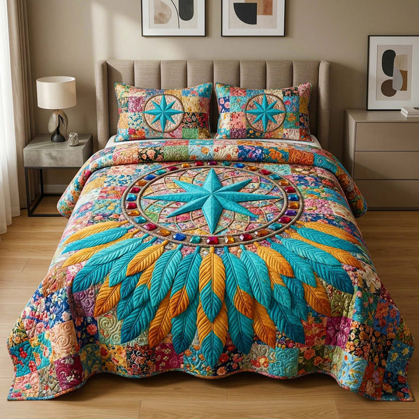 Jeweled Star quilted 3-piece bedding set on a made bed with two matching pillow shams