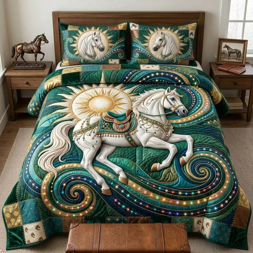 Jeweled Sun Stallion quilted 3-piece bedding set on a made bed in a rustic timber bedroom