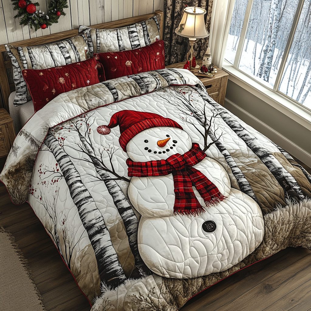 Jingle All the Way quilted 3-piece bedding set on a made bed in a winter-styled bedroom