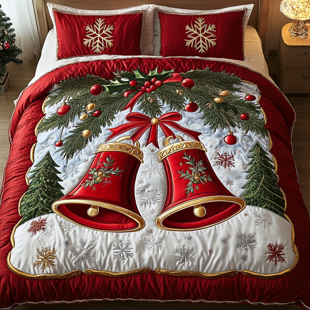 Jingle Bell Bliss quilted 3-piece bedding set on a made bed in a winter-styled bedroom