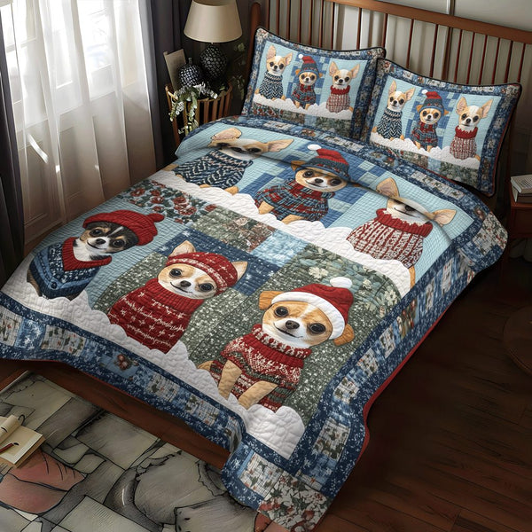 Jingle Bell Chis quilted 3-piece bedding set on a made bed in a winter-styled bedroom