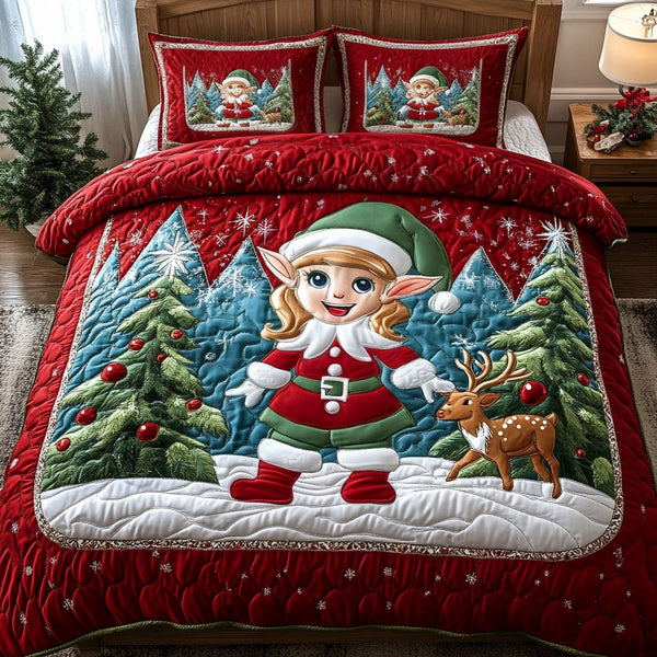 Jingle Bell Elf quilted 3-piece bedding set on a made bed in a winter-styled bedroom