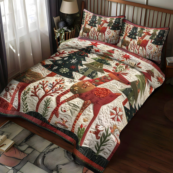 Jingle Bell Joy quilted 3-piece bedding set on a made bed in a winter-styled bedroom
