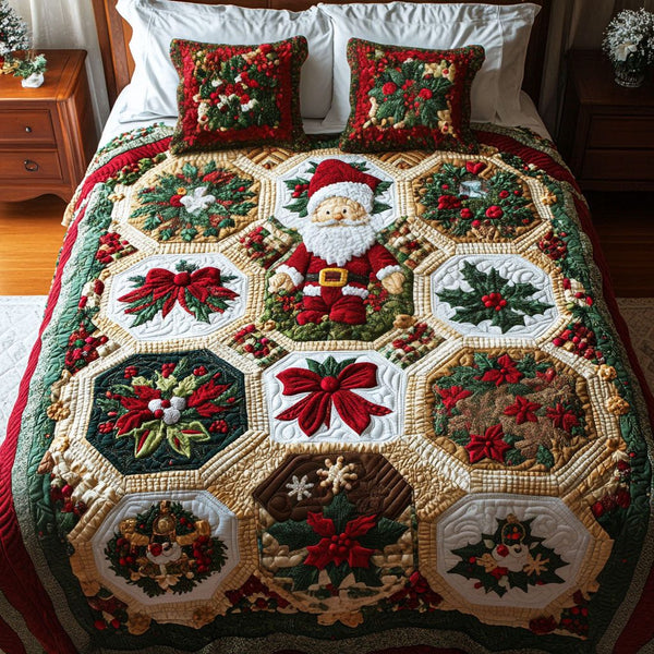 Jingle Bell Luxe quilted 3-piece bedding set on a made bed in a winter-styled bedroom