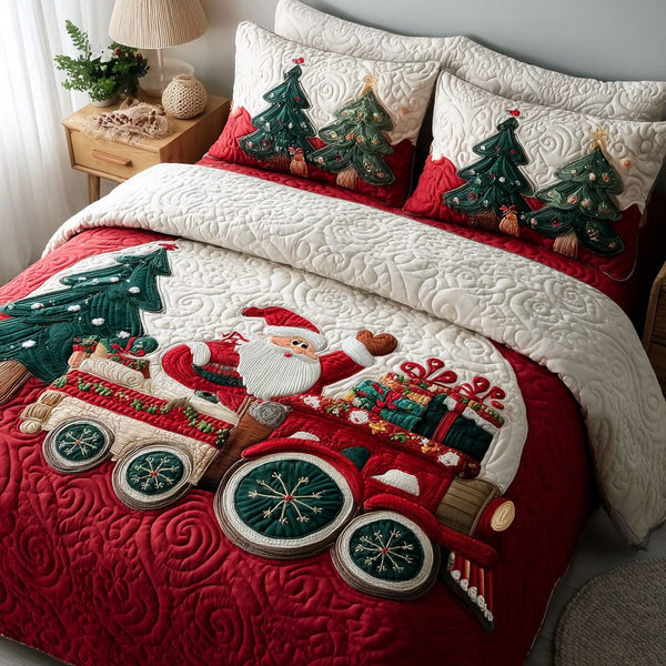 Jingle Bell Train quilted 3-piece bedding set on a made bed in a winter-styled bedroom