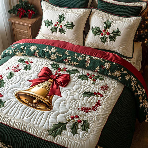 Jingle Bells Elegance quilted 3-piece bedding set on a made bed in a winter-styled bedroom