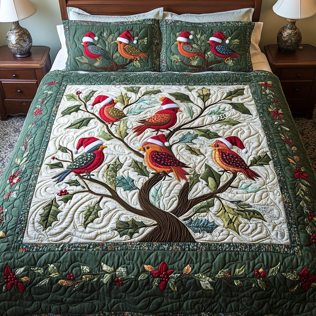 Jingle Birds quilted 3-piece bedding set on a made bed in a winter-styled bedroom