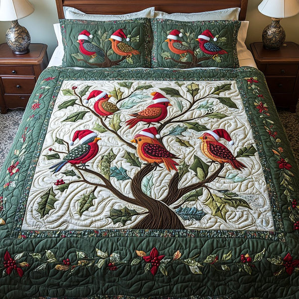 Jingle Birds quilted 3-piece bedding set on a made bed in a winter-styled bedroom