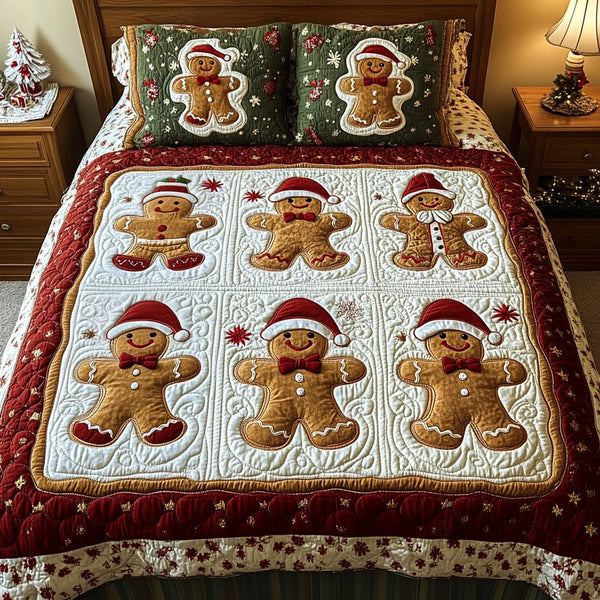 Jingle Bites quilted 3-piece bedding set on a made bed in a winter-styled bedroom