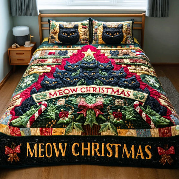 Jingle Cat Spirit quilted 3-piece bedding set on a made bed in a winter-styled bedroom