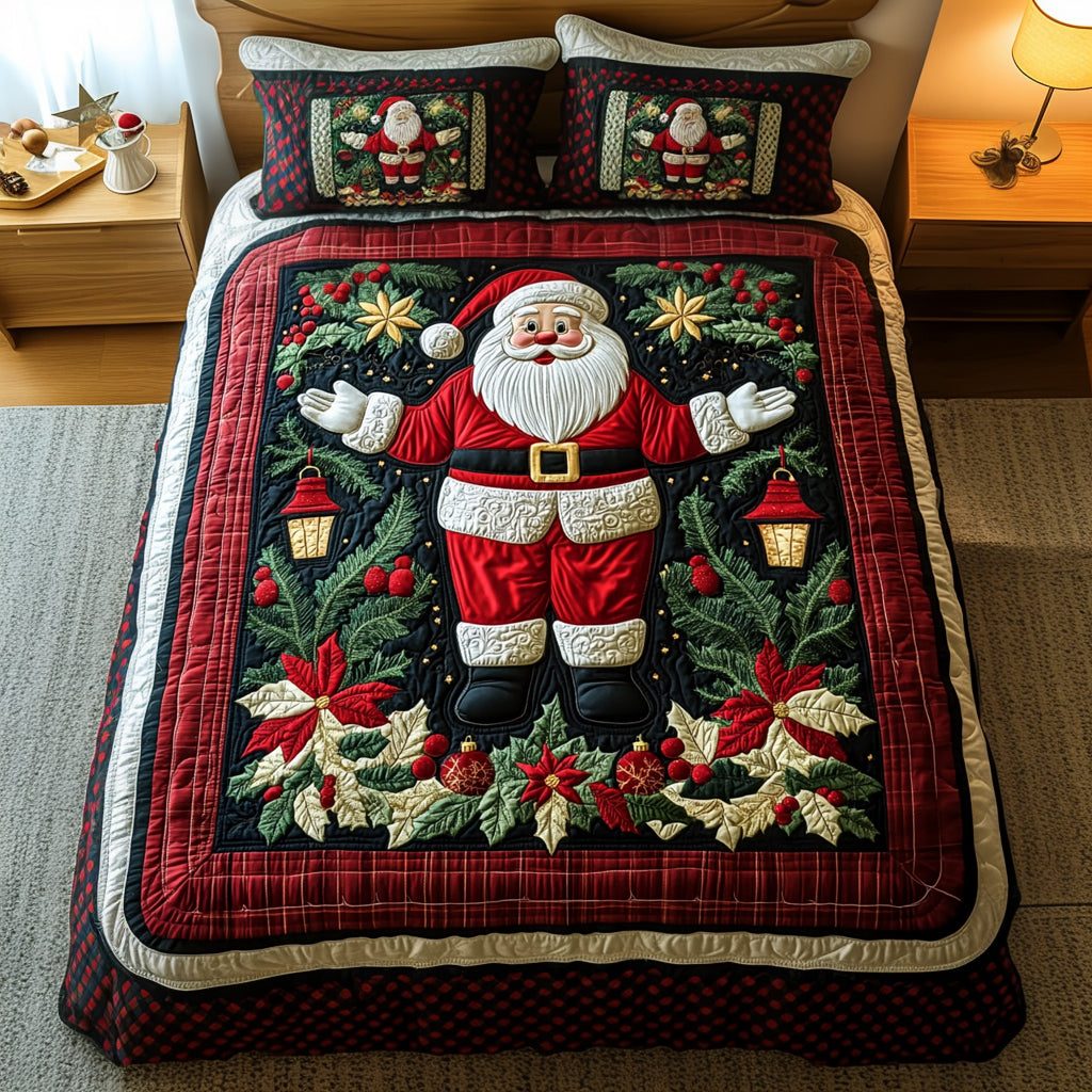 Jingle Dreams quilted 3-piece bedding set on a made bed in a winter-styled bedroom