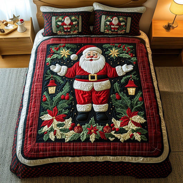 Jingle Dreams quilted 3-piece bedding set on a made bed in a winter-styled bedroom