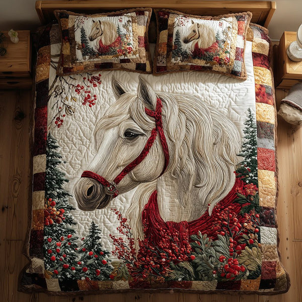 Jingle Mane Horse quilted 3-piece bedding set on a made bed in a winter-styled bedroom