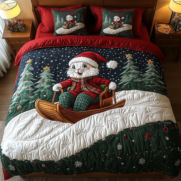 Jingle Rabbit Charm quilted 3-piece bedding set on a made bed in a winter-styled bedroom
