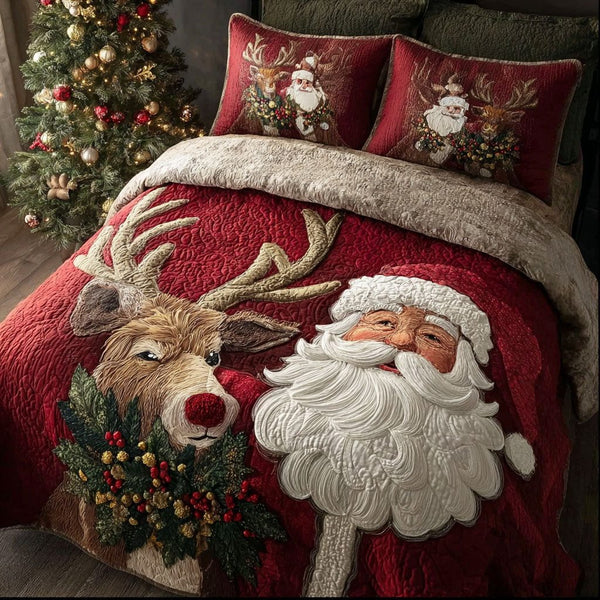Jingle Rest quilted 3-piece bedding set on a made bed in a winter-styled bedroom