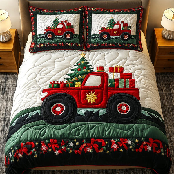 Jingle Truck Ride quilted 3-piece bedding set on a made bed in a winter-styled bedroom