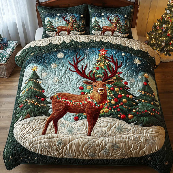 Jolly Antlers quilted 3-piece bedding set on a made bed with two matching pillow shams