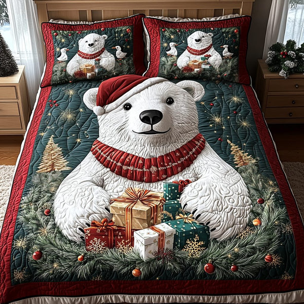 Jolly Bear Dreams quilted 3-piece bedding set on a made bed with two matching pillow shams