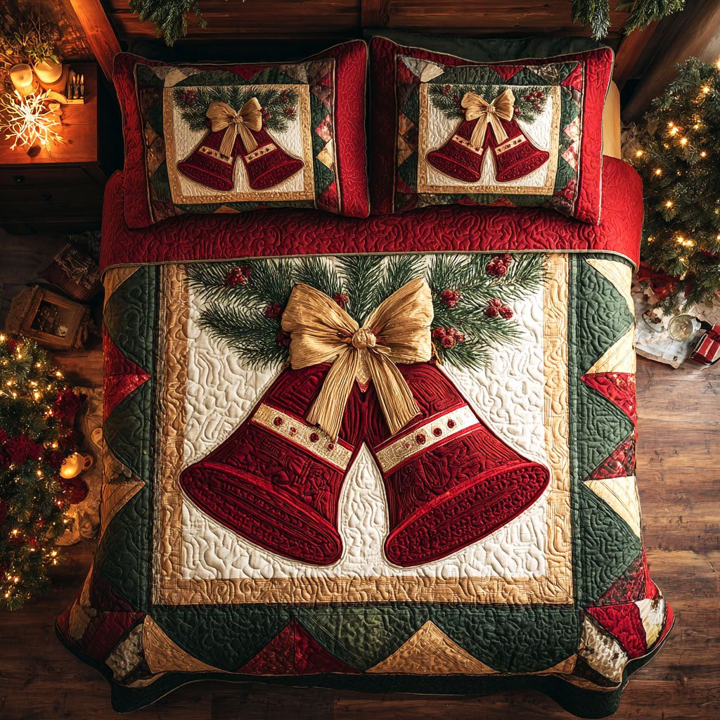 Jolly Bells quilted 3-piece bedding set on a made bed with two matching pillow shams