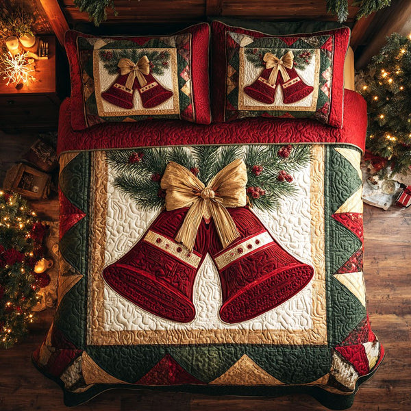 Jolly Bells quilted 3-piece bedding set on a made bed with two matching pillow shams