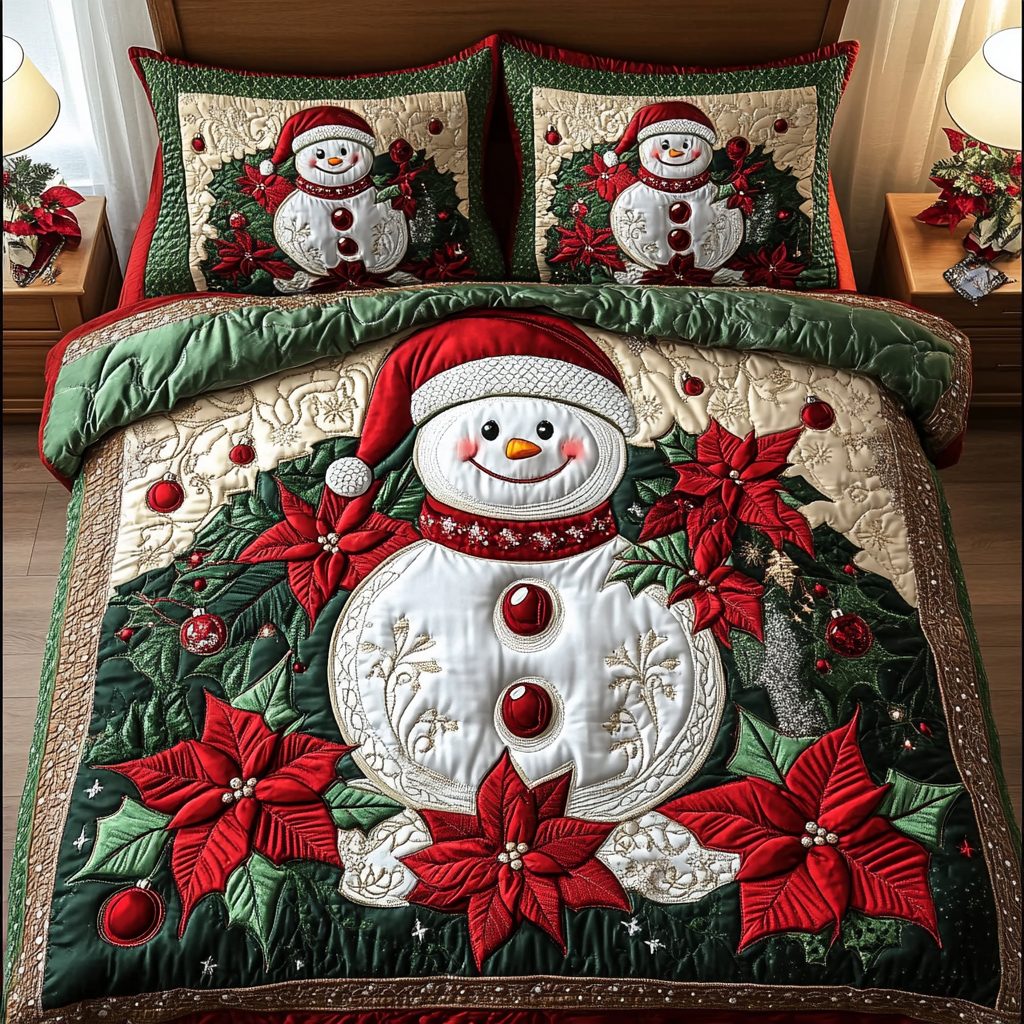 Jolly Blooms quilted 3-piece bedding set on a made bed with two matching pillow shams