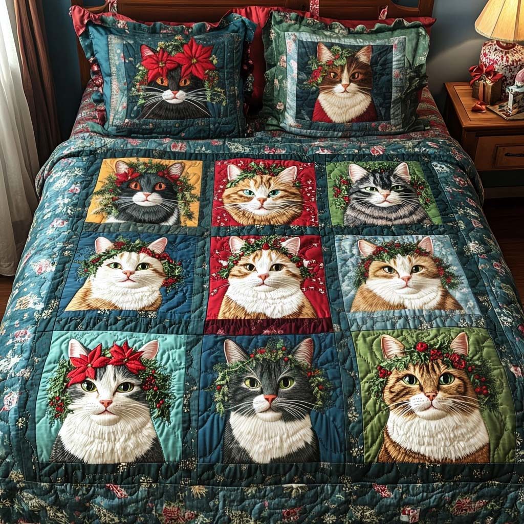 Jolly Cat Cheer quilted 3-piece bedding set on a made bed with two matching pillow shams