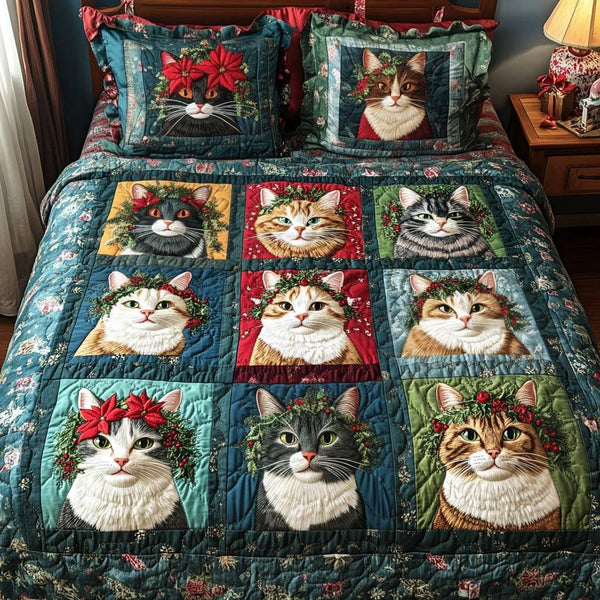 Jolly Cat Cheer quilted 3-piece bedding set on a made bed with two matching pillow shams