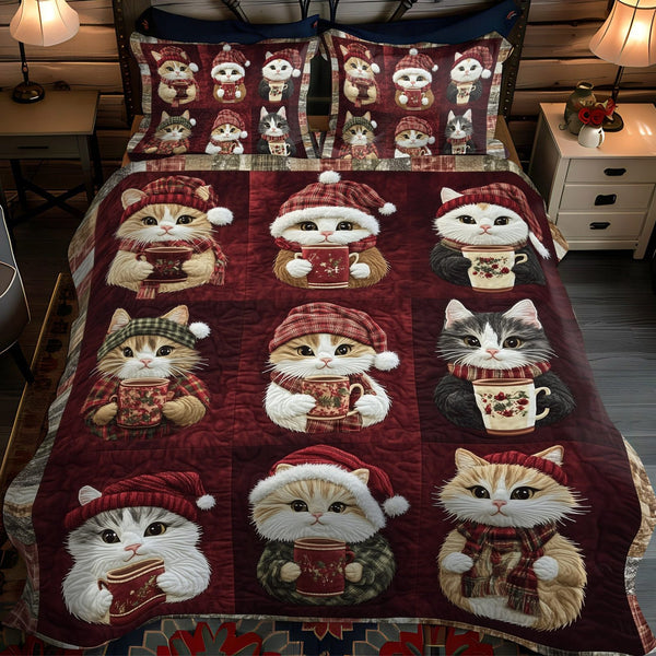 Jolly Catmas quilted 3-piece bedding set on a made bed with two matching pillow shams