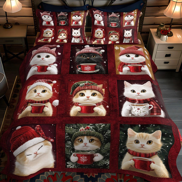 Jolly Cats quilted 3-piece bedding set on a made bed with two matching pillow shams