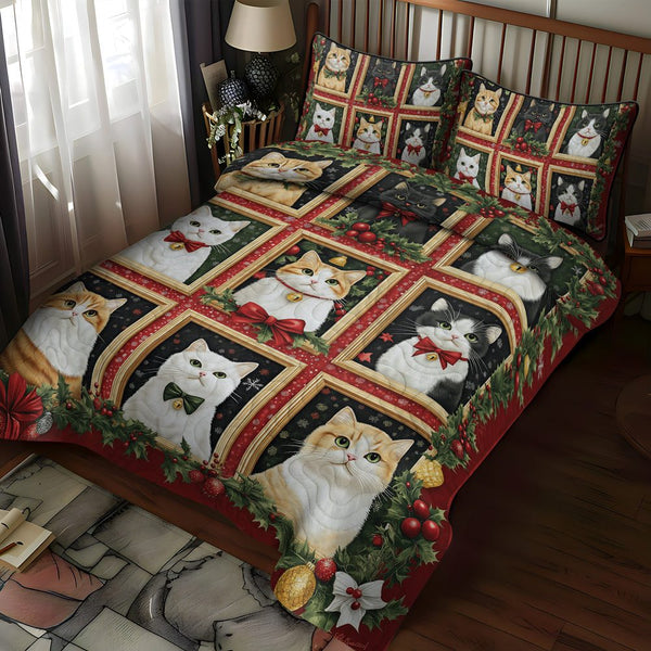 Jolly Cats quilted 3-piece bedding set on a made bed with two matching pillow shams