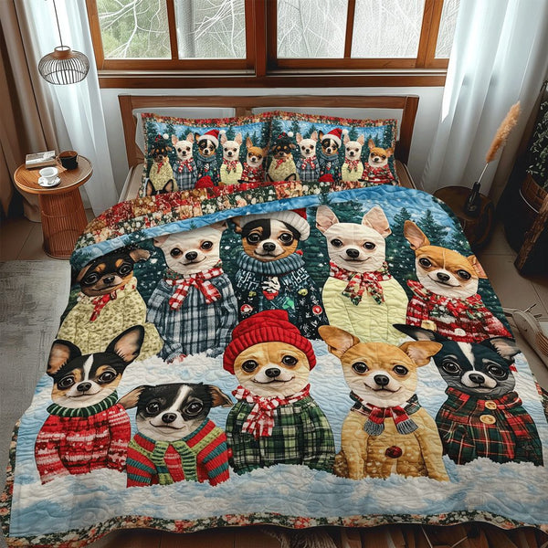 Jolly Chi Friends quilted 3-piece bedding set on a made bed with two matching pillow shams