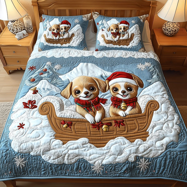 Jolly Chi Friends quilted 3-piece bedding set on a made bed with two matching pillow shams