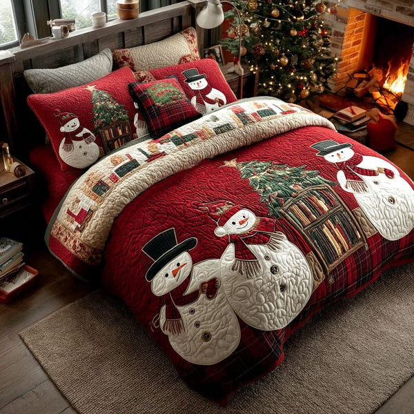 Jolly Companions quilted 3-piece bedding set on a made bed with two matching pillow shams