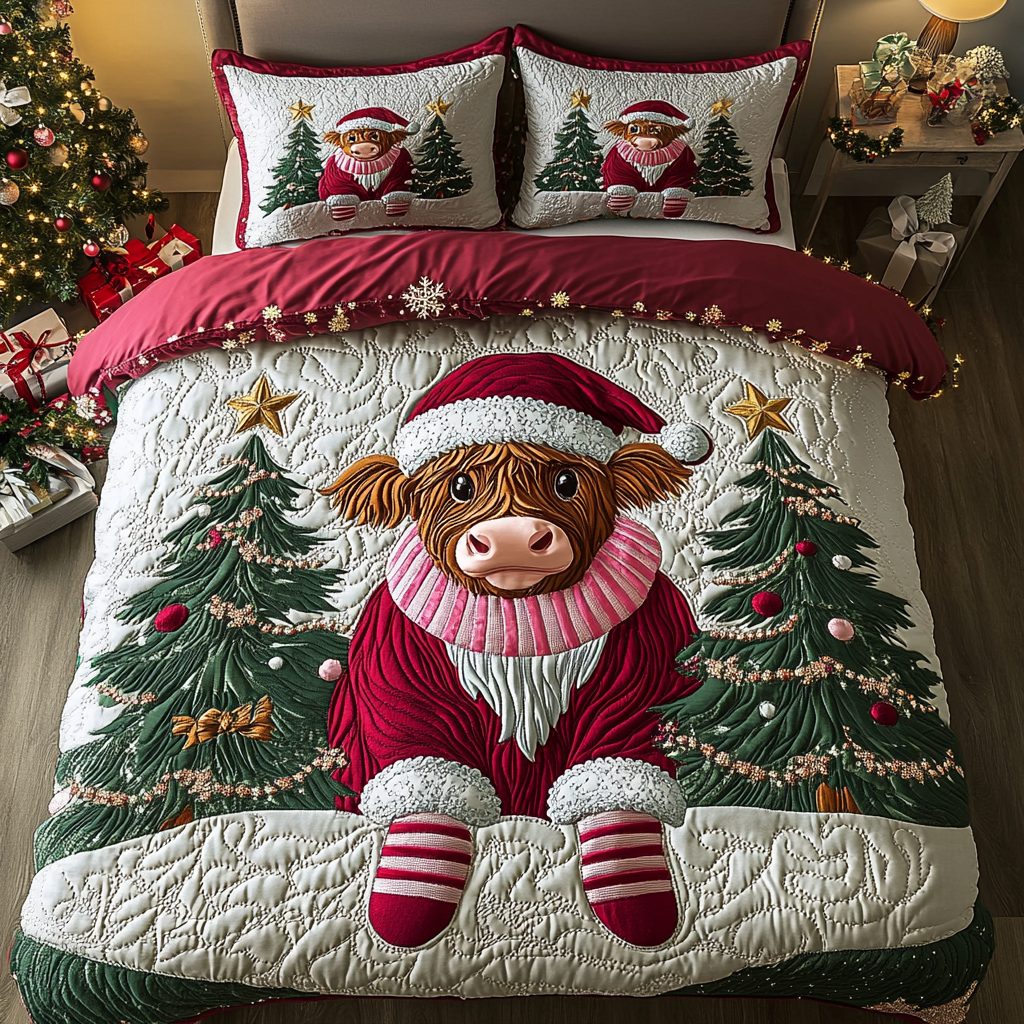 Jolly Cow quilted 3-piece bedding set on a made bed with two matching pillow shams