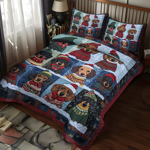 Jolly Doxie Paws quilted 3-piece bedding set on a made bed with two matching pillow shams