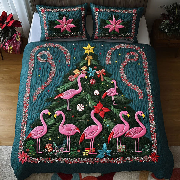 Jolly Flamingos quilted 3-piece bedding set on a made bed with two matching pillow shams