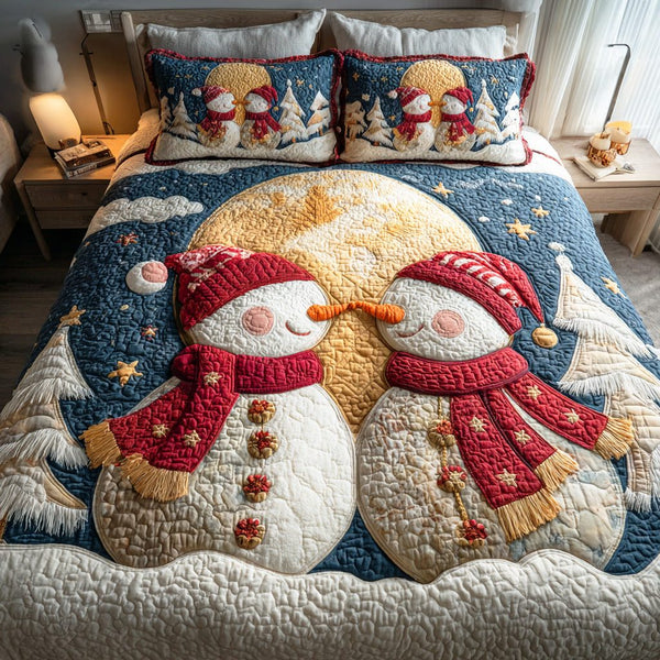 Jolly Frost Dream quilted 3-piece bedding set on a made bed in a winter-styled bedroom
