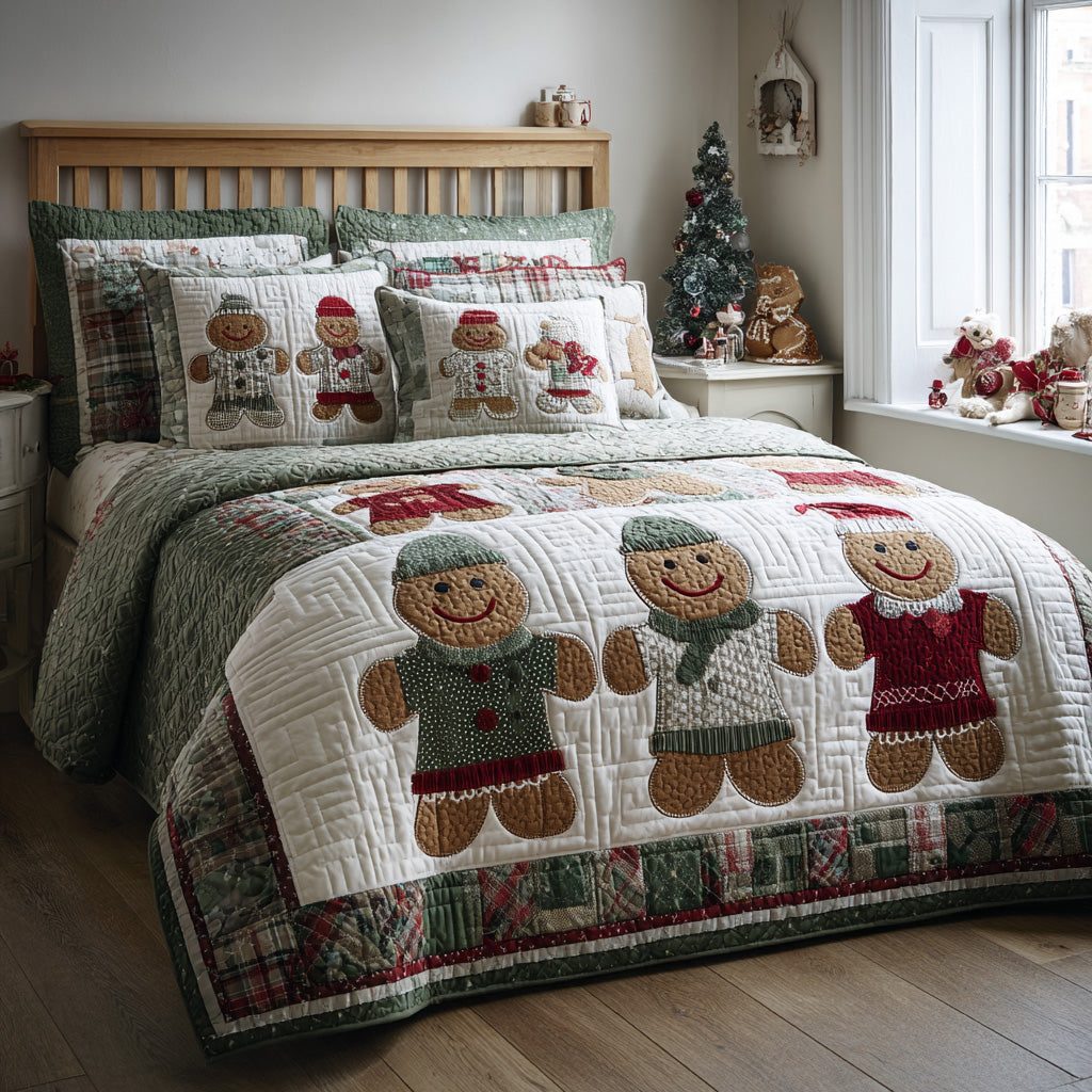 Jolly Ginger Duo quilted 3-piece bedding set on a made bed with two matching pillow shams