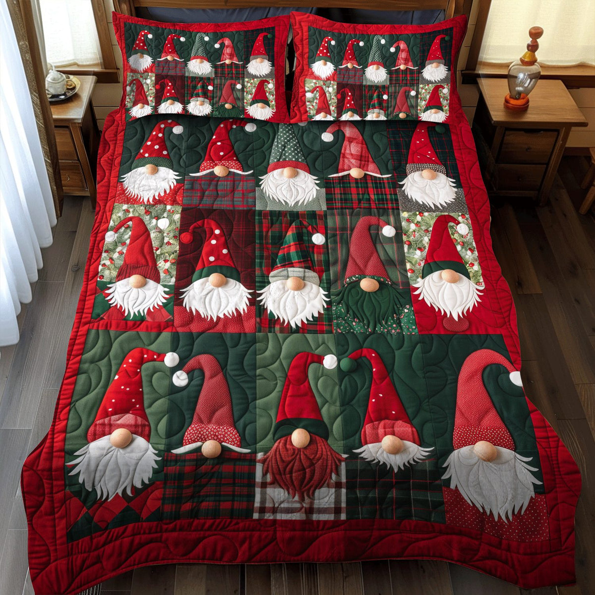 Jolly Gnome quilted 3-piece bedding set on a made bed in a winter-styled bedroom