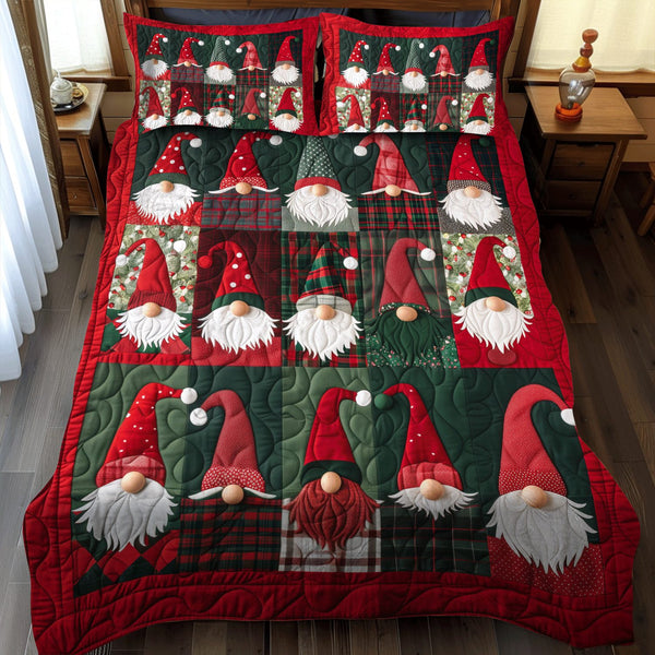 Jolly Gnome quilted 3-piece bedding set on a made bed in a winter-styled bedroom