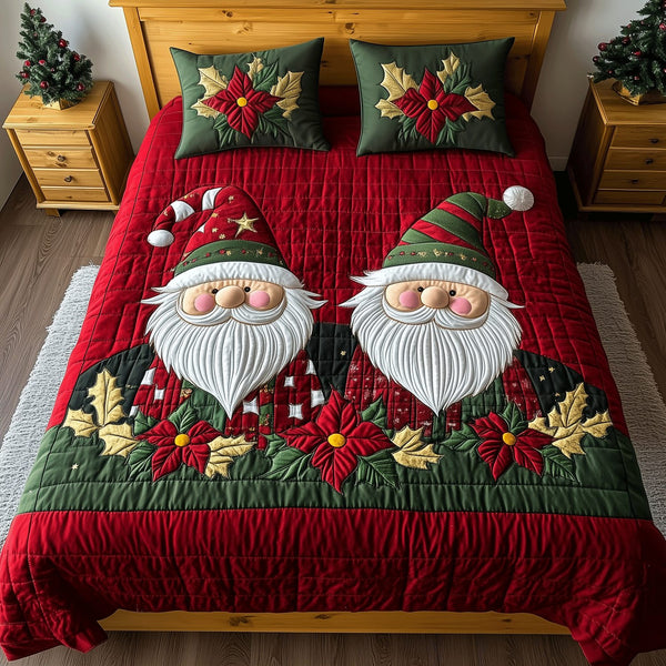 Jolly Gnome quilted 3-piece bedding set on a made bed in a winter-styled bedroom