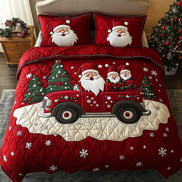 Jolly Gnome Village quilted 3-piece bedding set on a made bed in a winter-styled bedroom